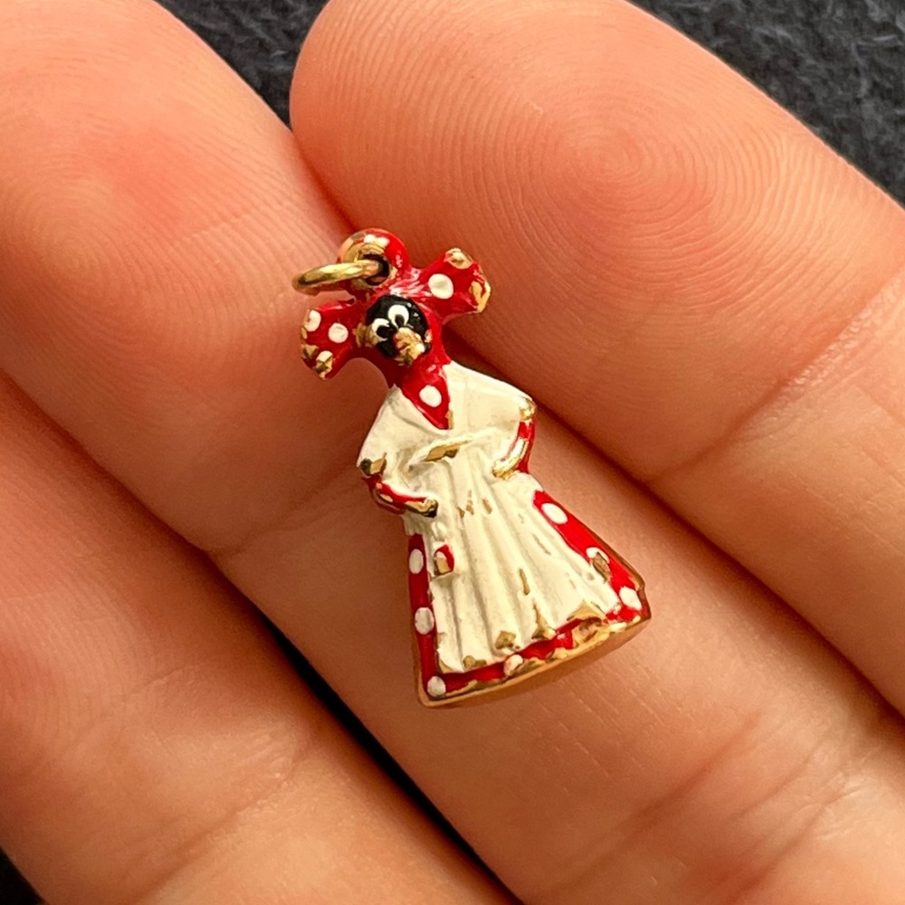 Vintage Aunt Jemima Enamel Polka Dot Dress 14K Yellow Gold Charm Pendant